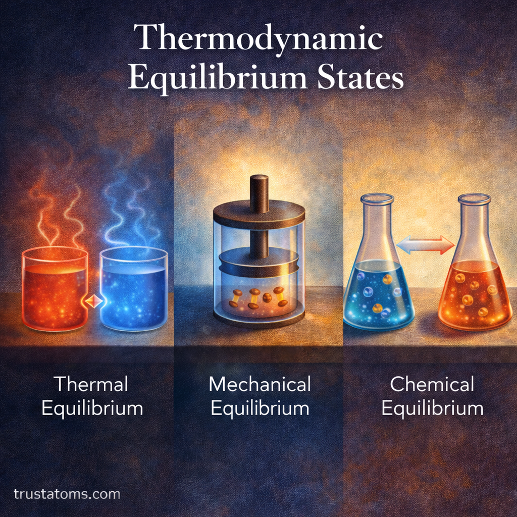 Illustration of thermodynamic equilibrium states showing thermal equilibrium between two containers, mechanical equilibrium in a piston, and chemical equilibrium between reaction flasks.