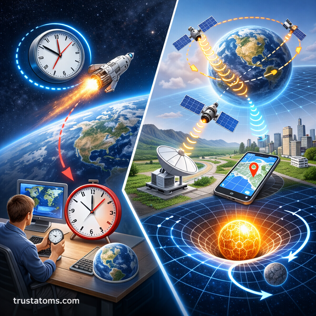 Diagonal split illustration showing fast-moving aircraft and atomic clocks on one side and a curved spacetime gravity well with a clock near a massive object on the other.