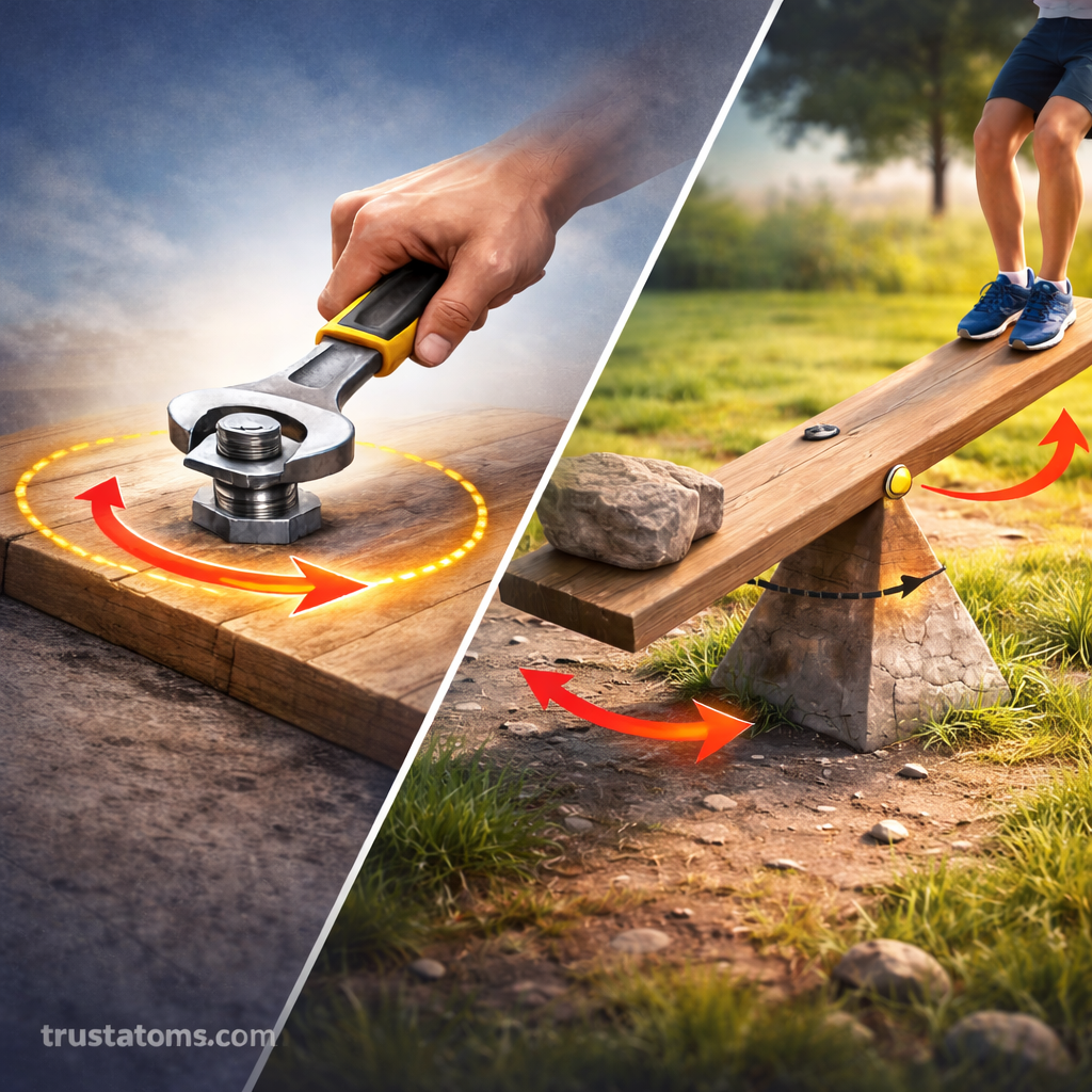Diagonal split illustration showing a wrench turning a bolt and a seesaw rotating on a pivot, demonstrating torque and leverage, with trustatoms.com watermark.