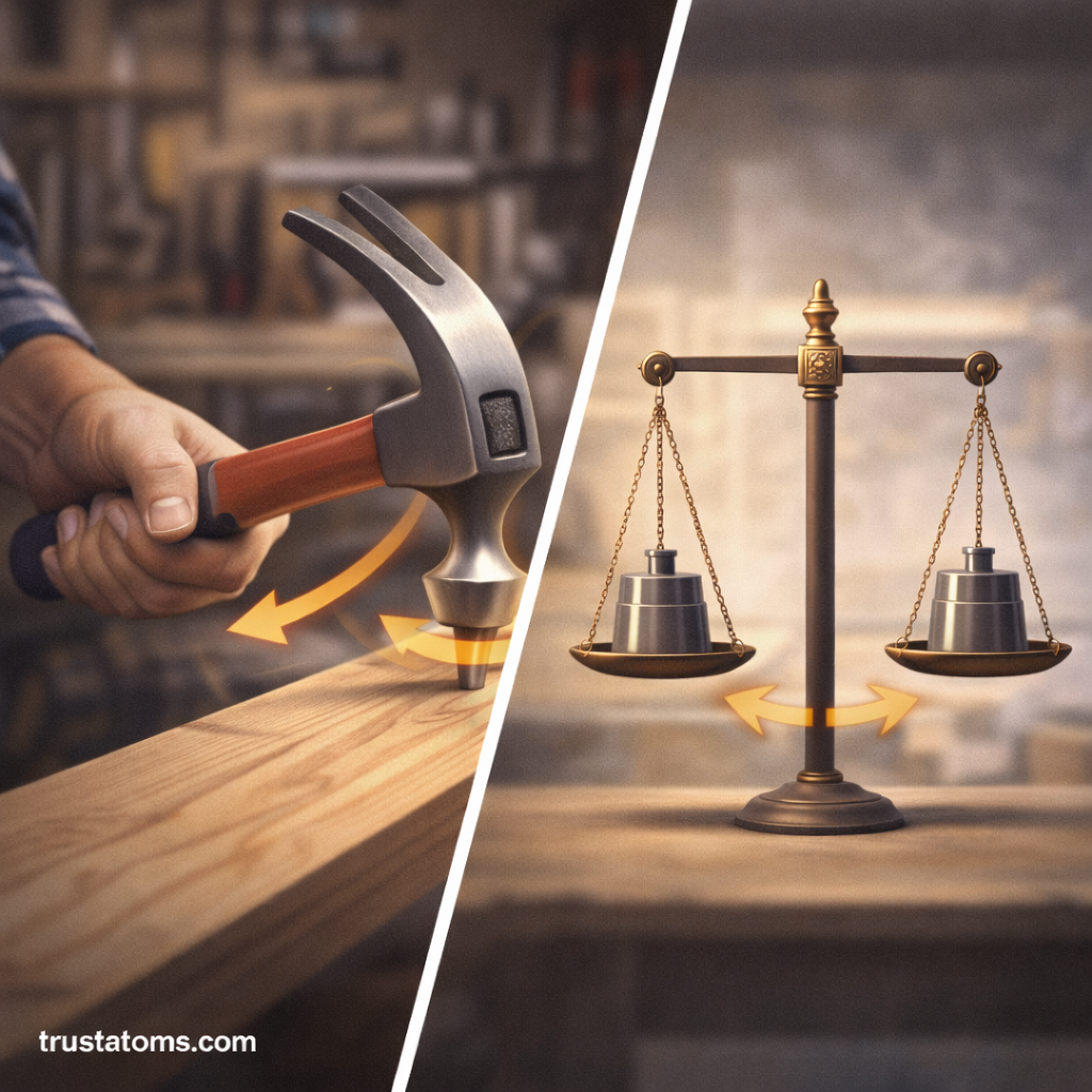 Split illustration showing a hammer applying torque to remove a nail and a balanced beam scale demonstrating rotational equilibrium.