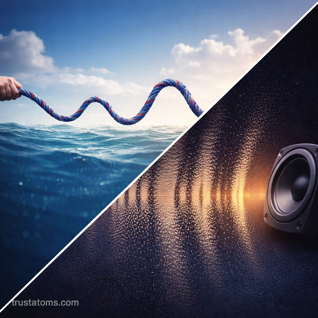 Split illustration showing a transverse rope wave and a longitudinal sound wave from a speaker to compare wave motion types.