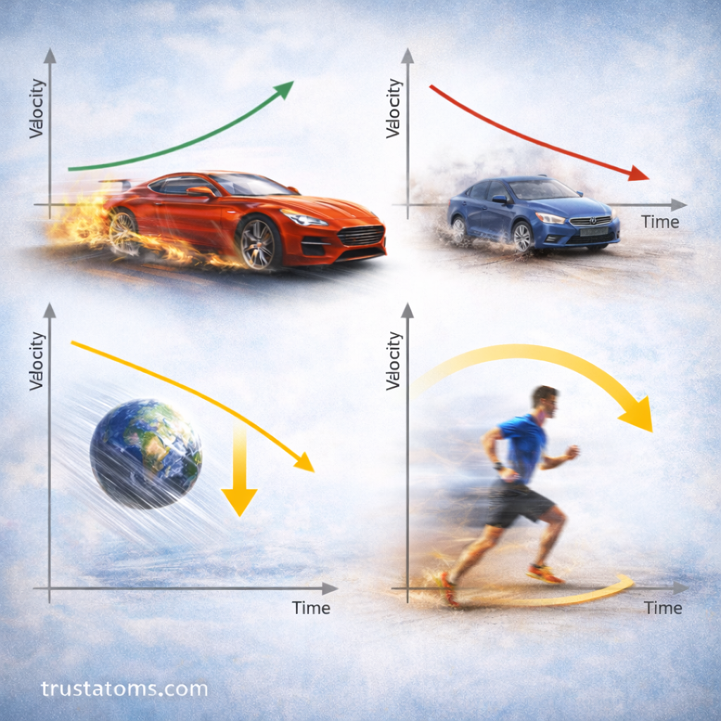 Educational diagram showing types of acceleration with velocity-time graphs and examples including a speeding car, braking car, falling object due to gravity, and runner changing direction.