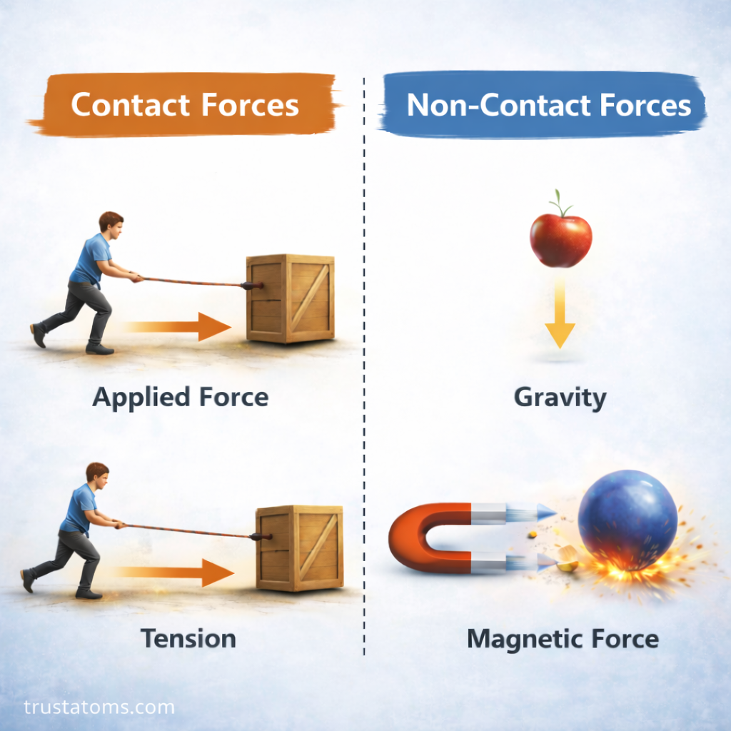 Infographic comparing contact forces and non-contact forces showing applied force, tension, gravity, and magnetic force with real-world examples.