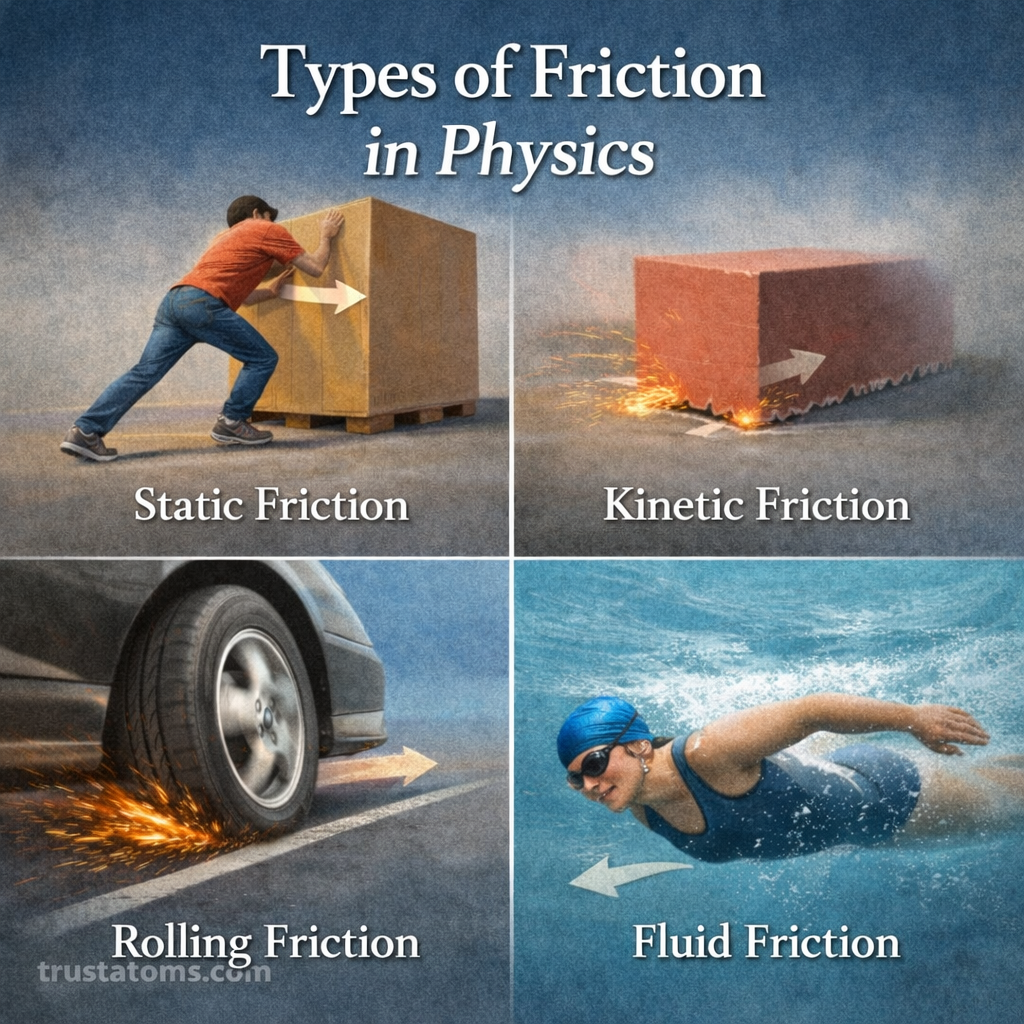 Educational illustration showing static friction, kinetic friction, rolling friction, and fluid friction with real-world examples and the title “Types of Friction in Physics,” including trustatoms.com watermark.