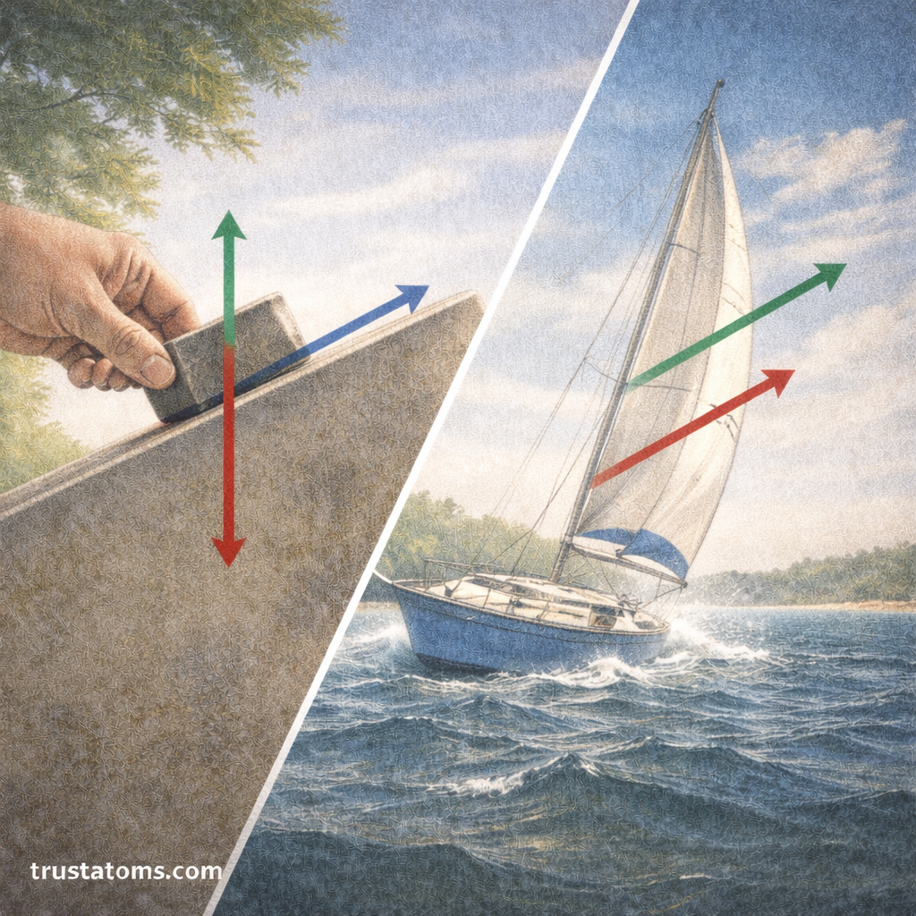 Split illustration showing a block on an inclined plane with directional arrows and a sailboat moving with wind and water forces represented by arrows, with trustatoms.com watermark.