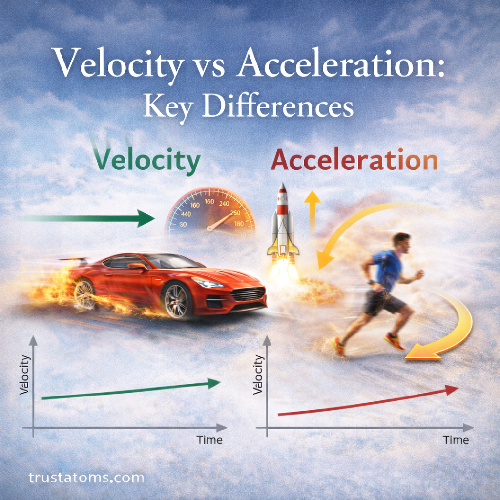 Illustration comparing velocity and acceleration with examples of a moving car, rocket launch, and runner turning, including motion graphs.