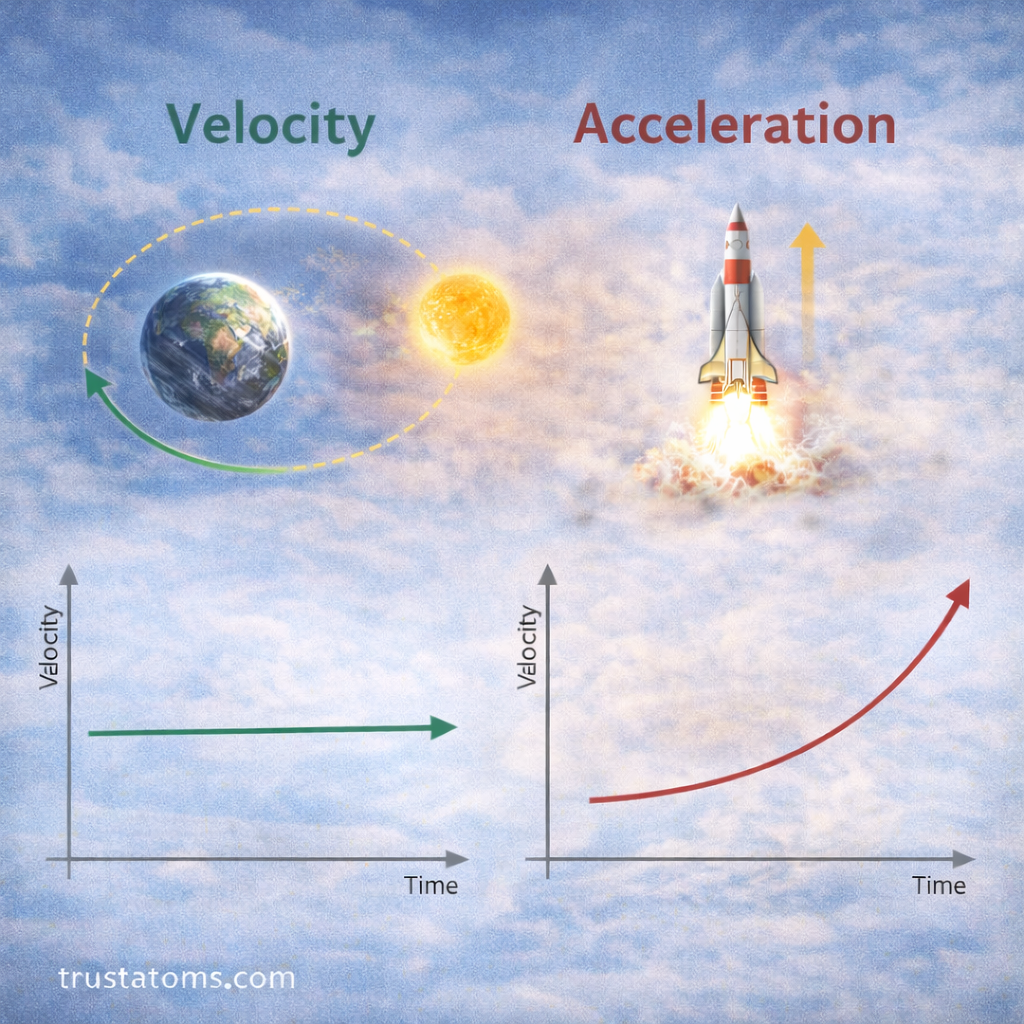 Diagram comparing velocity and acceleration using Earth orbiting the Sun for velocity and a rocket launch for acceleration, with simple velocity–time graphs.