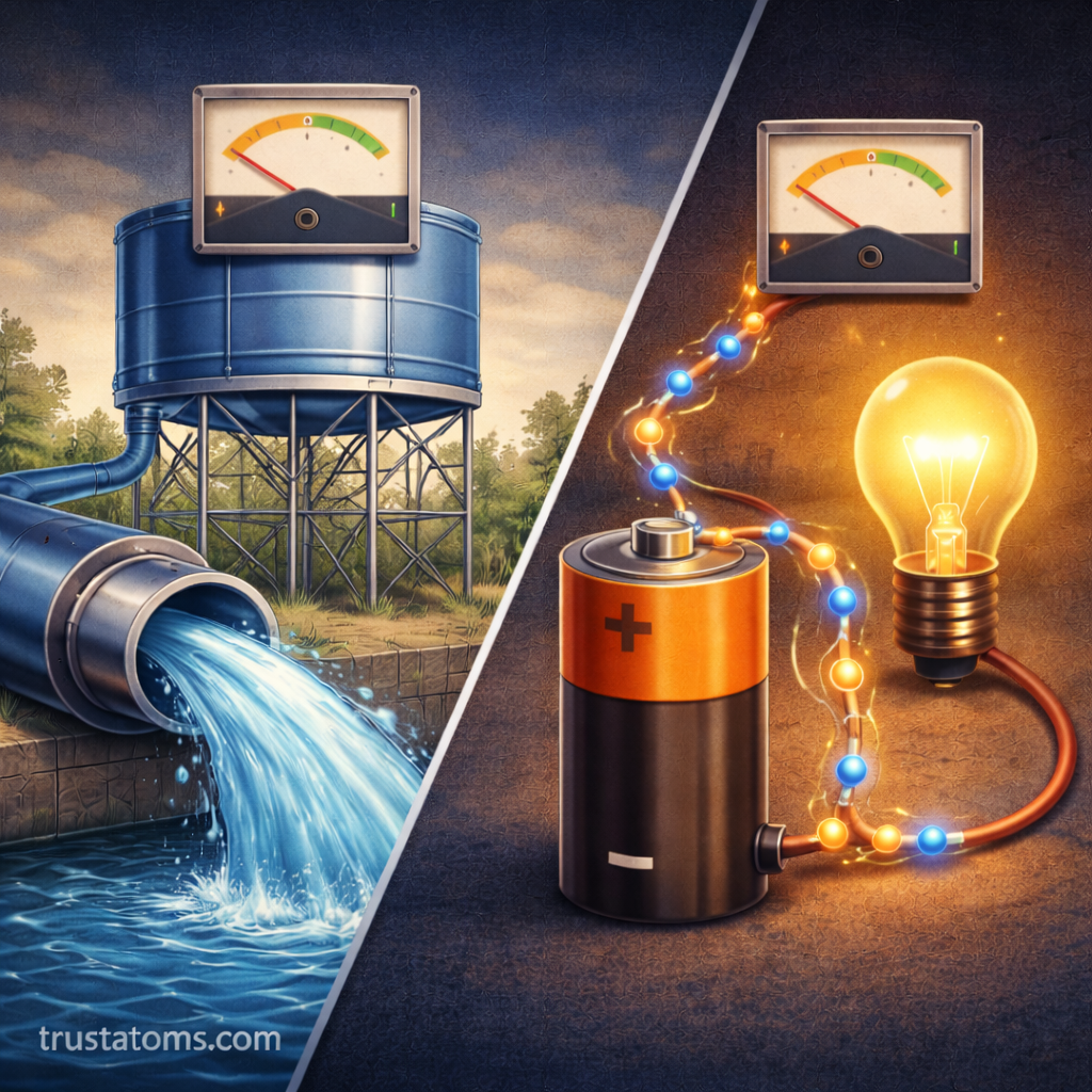 Split illustration comparing water pressure from a tank and pipe with electrical voltage from a battery powering a light bulb.