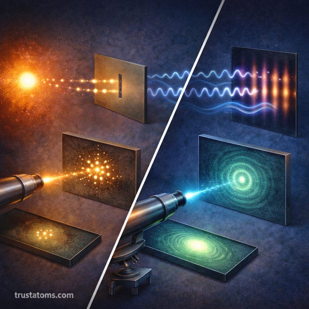 Diagonal comparison of particle behavior and wave interference patterns illustrating quantum wave–particle duality. trustatoms.com