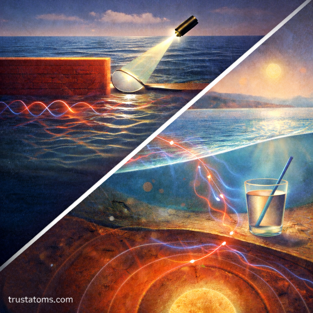 Split illustration showing water wave reflection off a seawall and light refraction through water with a bent straw example.