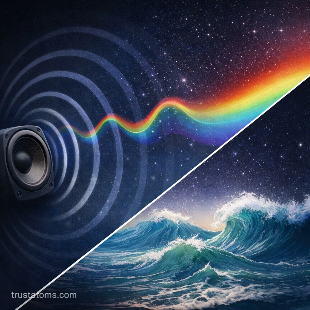 Split illustration comparing sound waves from a speaker, visible light waves, and ocean water waves to demonstrate different types of wavelengths.