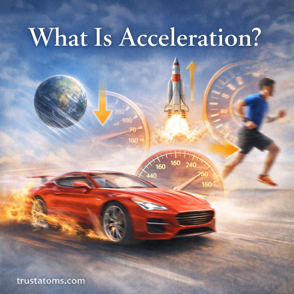 Illustration explaining acceleration in physics with examples of a speeding car, rocket launch, falling object due to gravity, and a runner changing speed.