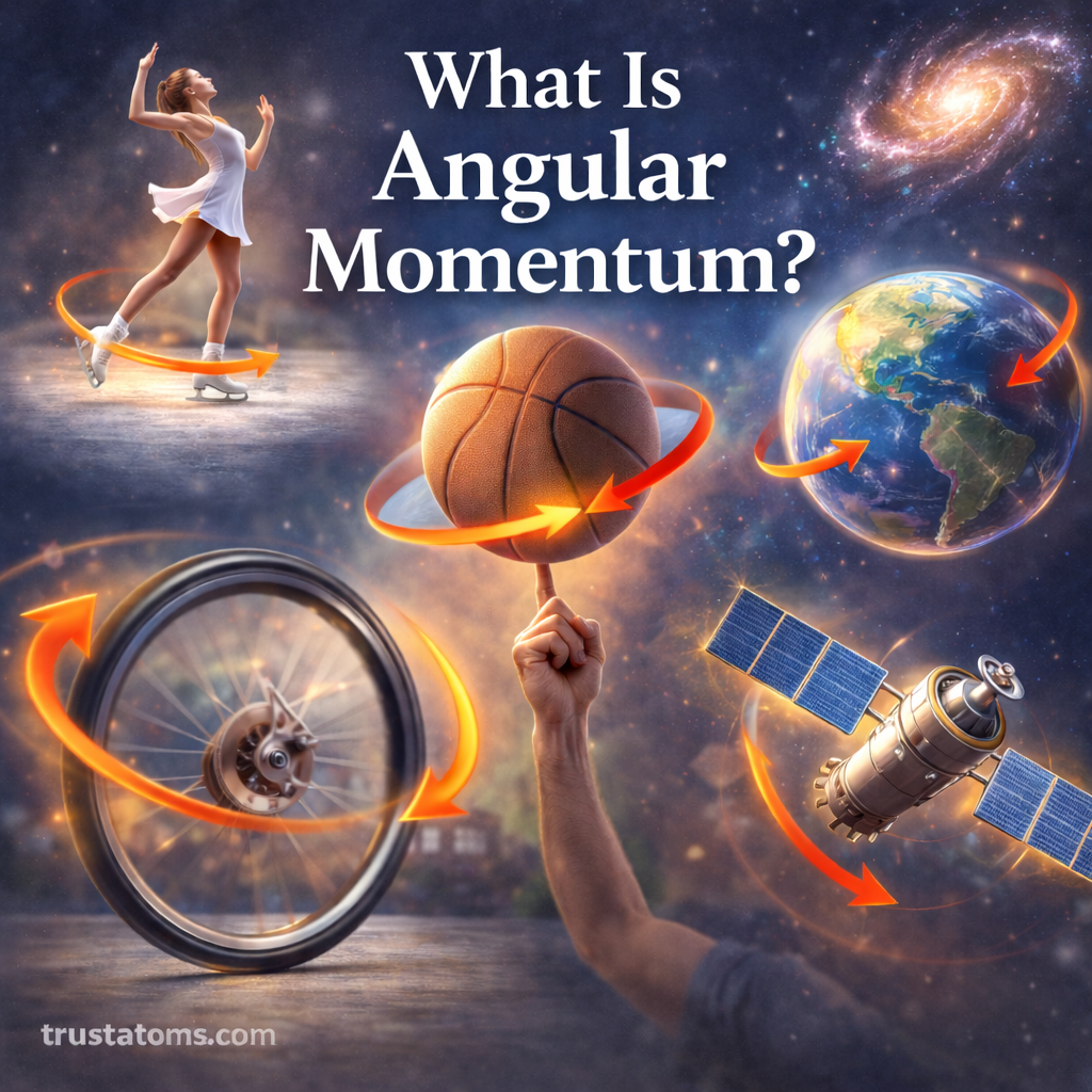 Educational illustration showing examples of angular momentum including a spinning figure skater, a rotating bicycle wheel, a basketball spinning on a finger, Earth rotating, and a satellite orbiting, with the title “What Is Angular Momentum?” and trustatoms.com watermark.