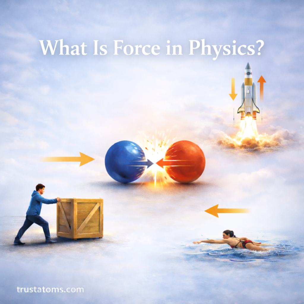 White title text reading “What Is Force in Physics?” over an illustration showing colliding spheres, a rocket launch, a person pushing a crate, and a swimmer demonstrating force in motion.