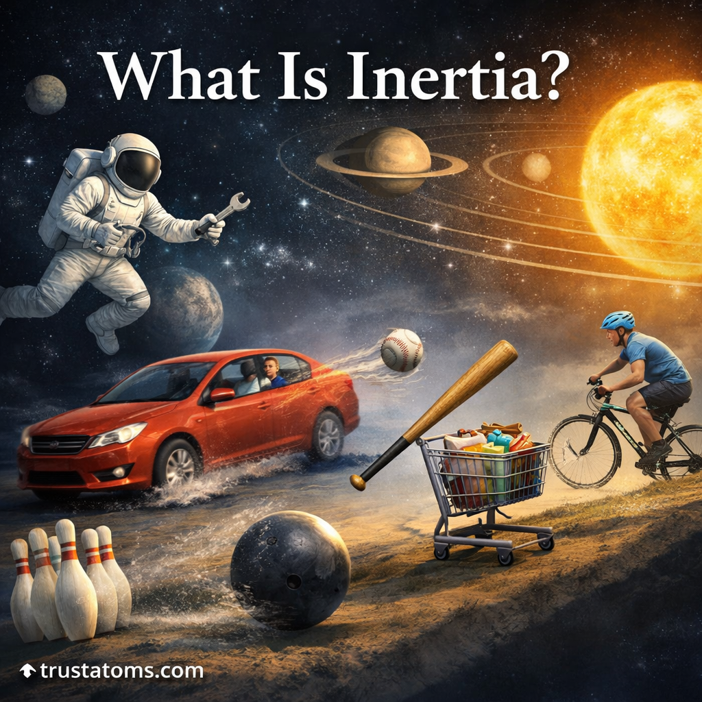 Contextual illustration explaining inertia with examples including a car braking, astronaut in space, bowling ball, baseball, cyclist, and planetary motion.
