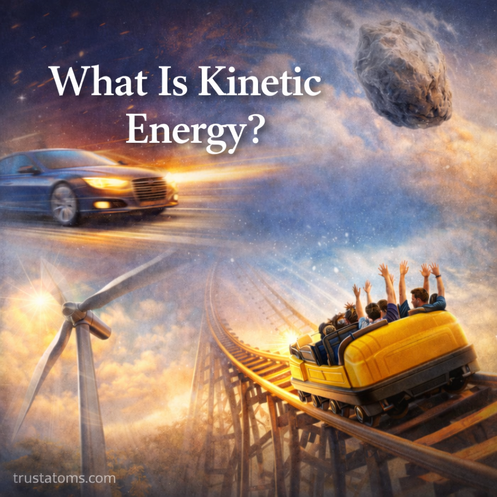 Illustration showing kinetic energy examples including a moving car, roller coaster, wind turbine, and asteroid, with trustatoms.com watermark.