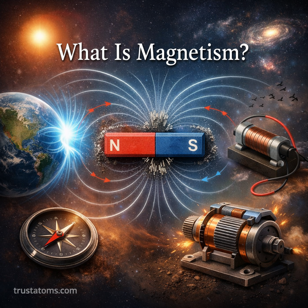 Simple 3D-style illustration showing a bar magnet with magnetic field lines, Earth’s magnetic field, a compass, and an electromagnet, titled “What Is Magnetism?” with trustatoms.com watermark.