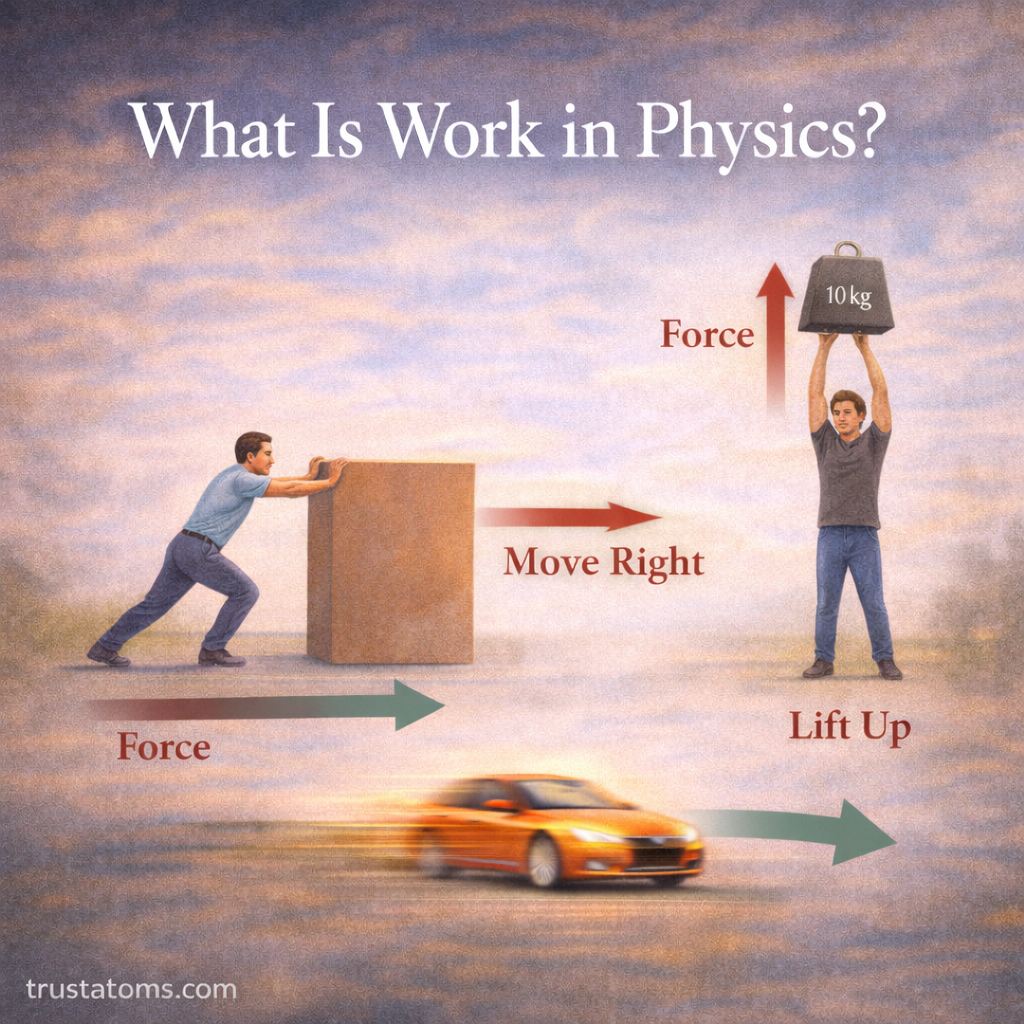 Educational physics illustration showing examples of work including pushing a box, lifting a 10 kg weight, and a moving car with force arrows.