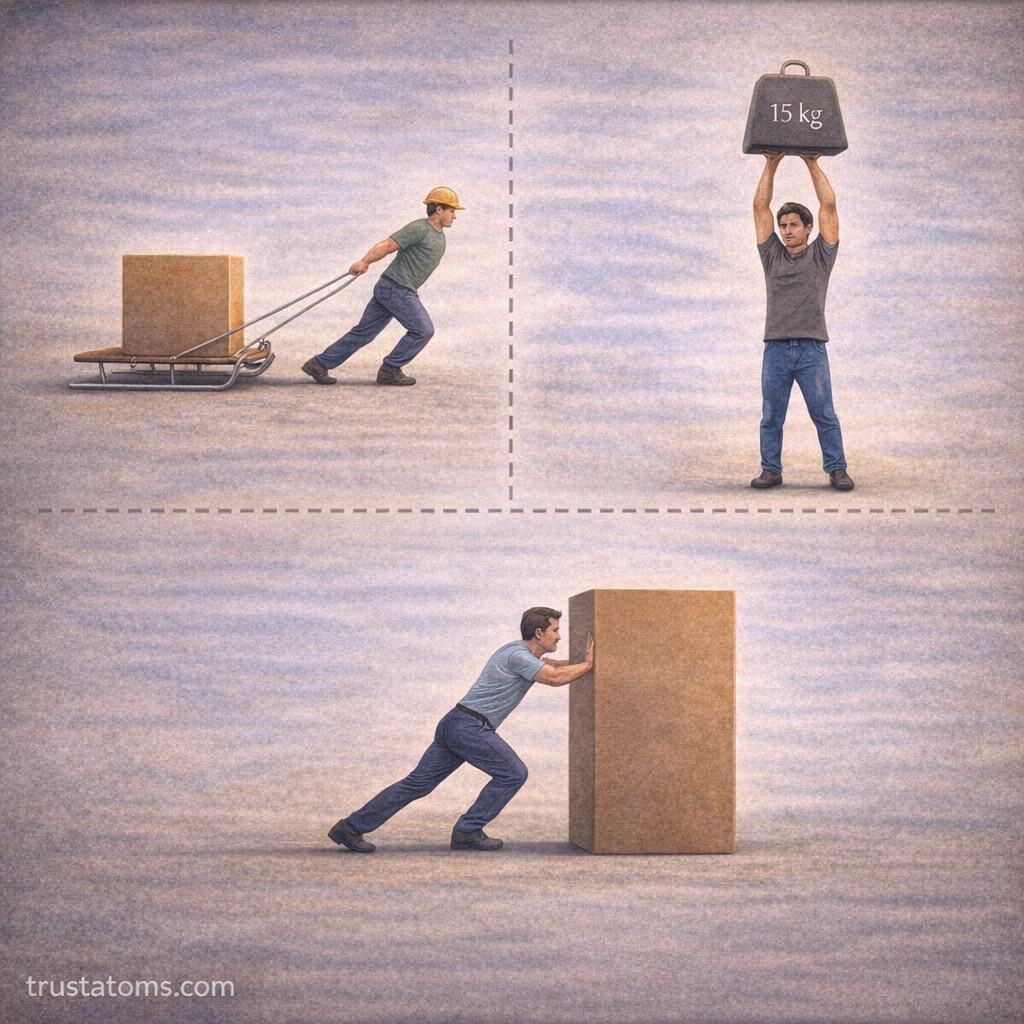 Illustration showing examples of work in physics including pulling a sled, lifting a 15 kg weight, and pushing a box, trustatoms.com.
