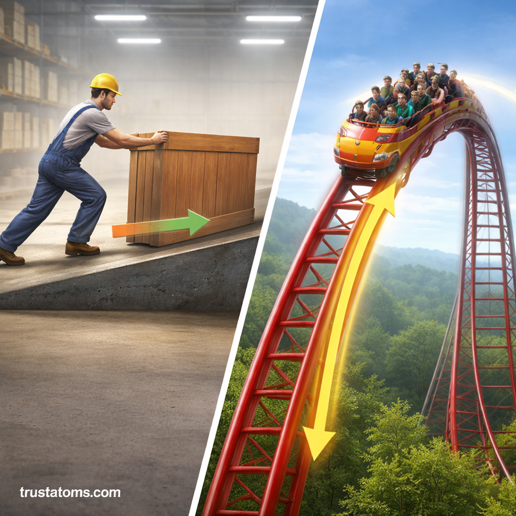 Split illustration showing a worker pushing a crate up a ramp and a roller coaster descending a steep track, demonstrating work and energy transfer in mechanical systems.