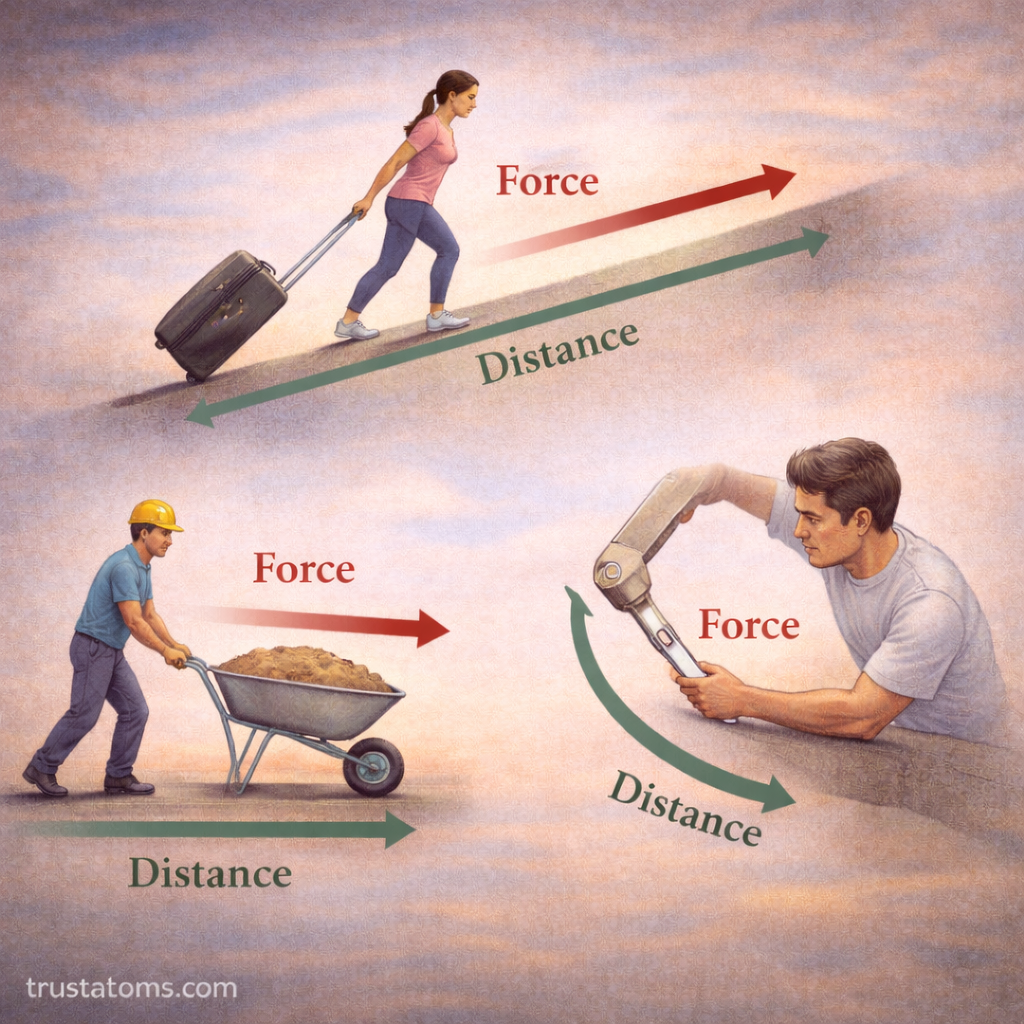 Physics illustration showing examples of work including pulling a suitcase up a ramp, pushing a wheelbarrow, and turning a wrench to demonstrate force and distance.