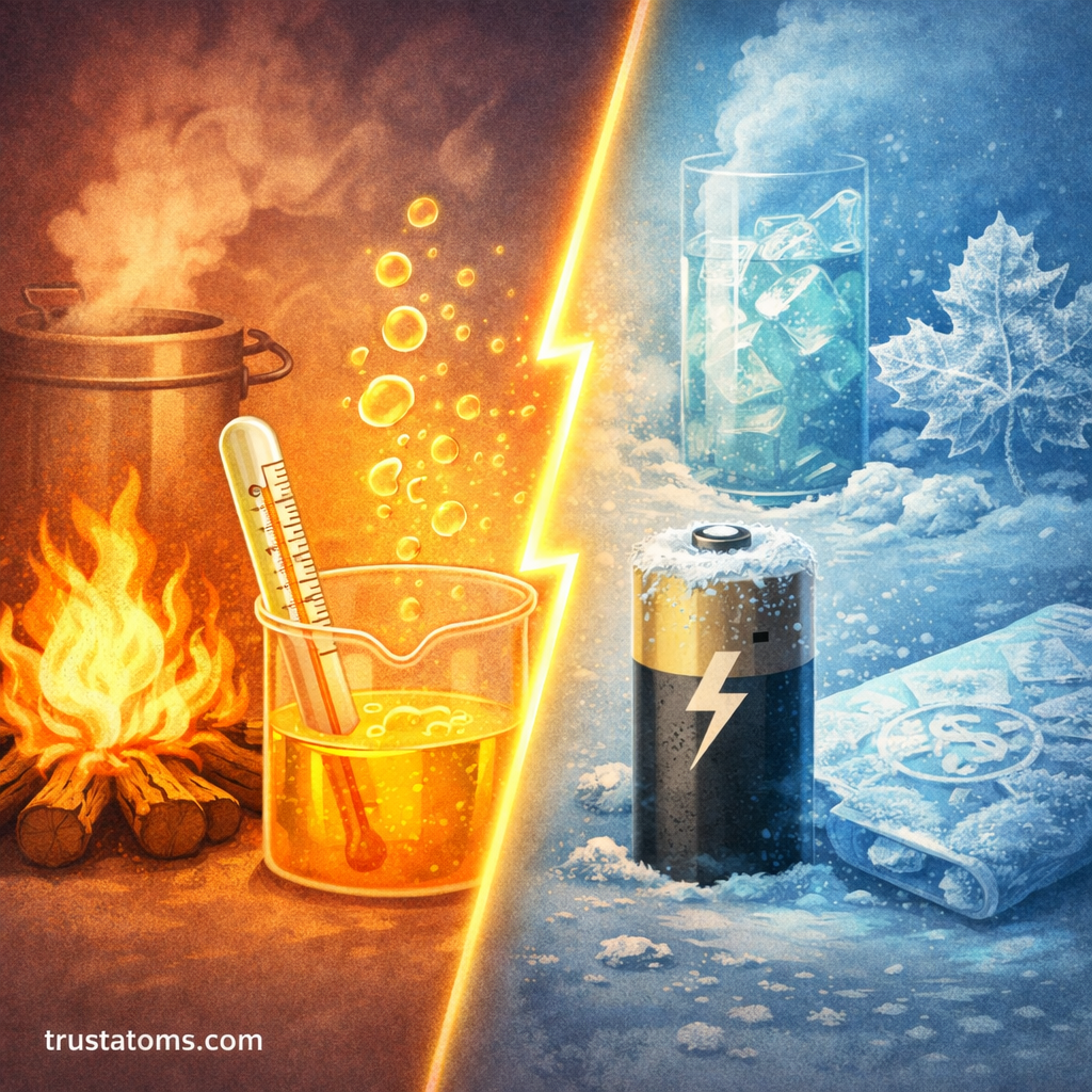 Illustration showing the difference between heat-releasing and heat-absorbing processes with fire and heated liquid on one side and ice with a cooled container on the other.