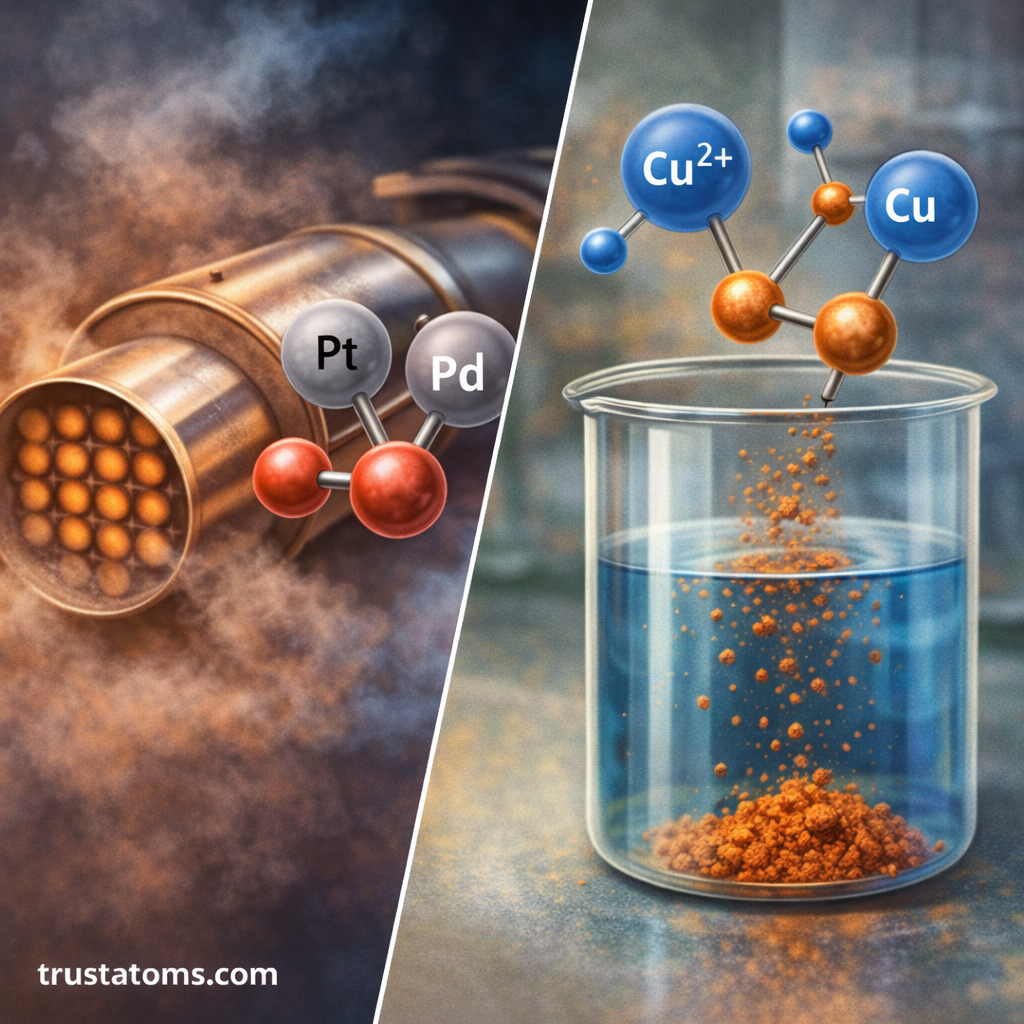 Split illustration showing transition metal reactions, including platinum and palladium catalysts in a catalytic converter and a copper redox reaction forming solid copper in solution.