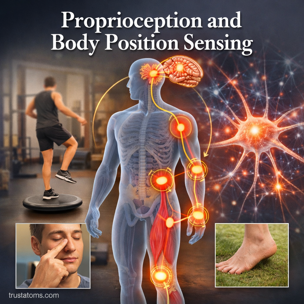 Illustration showing how proprioception allows the brain to sense body position through signals from muscles, joints, and the nervous system.