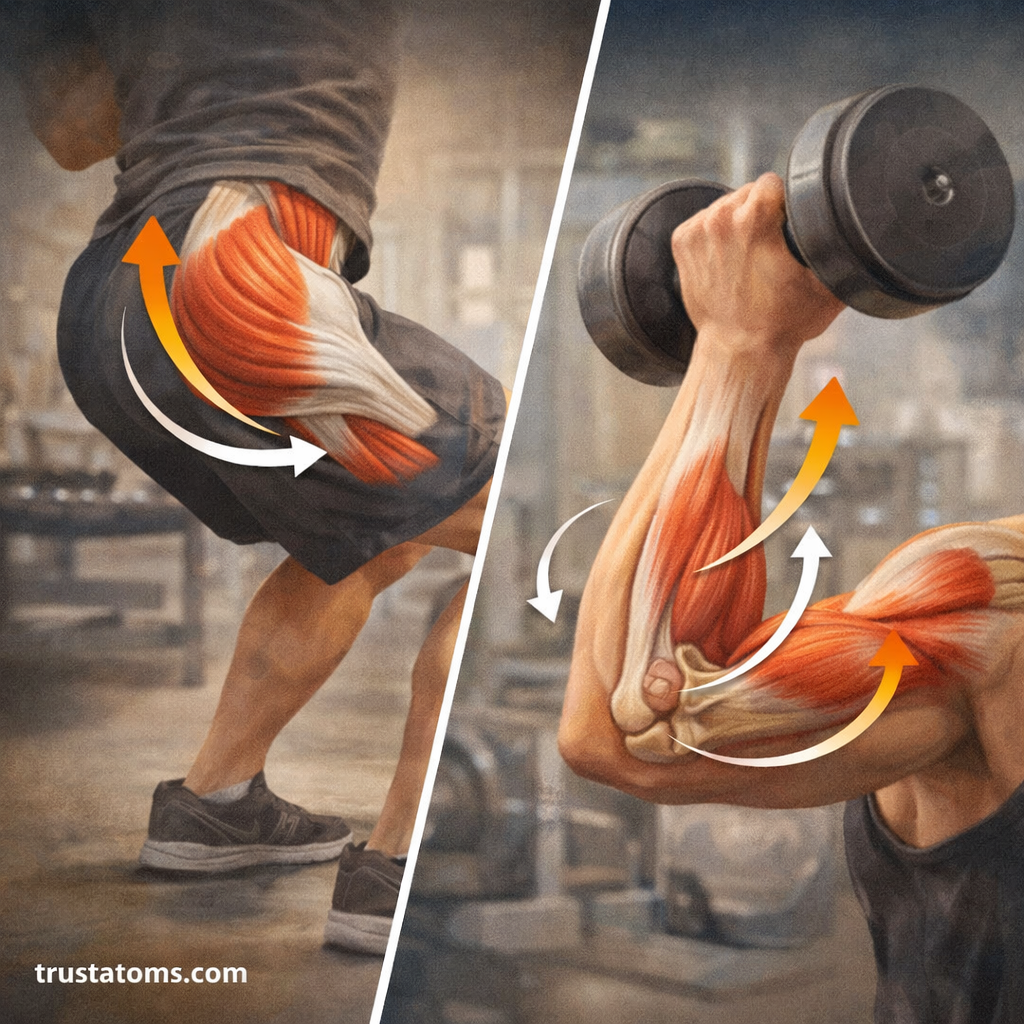 Split illustration showing torque production at the hip during a squat and at the shoulder during a dumbbell lift.