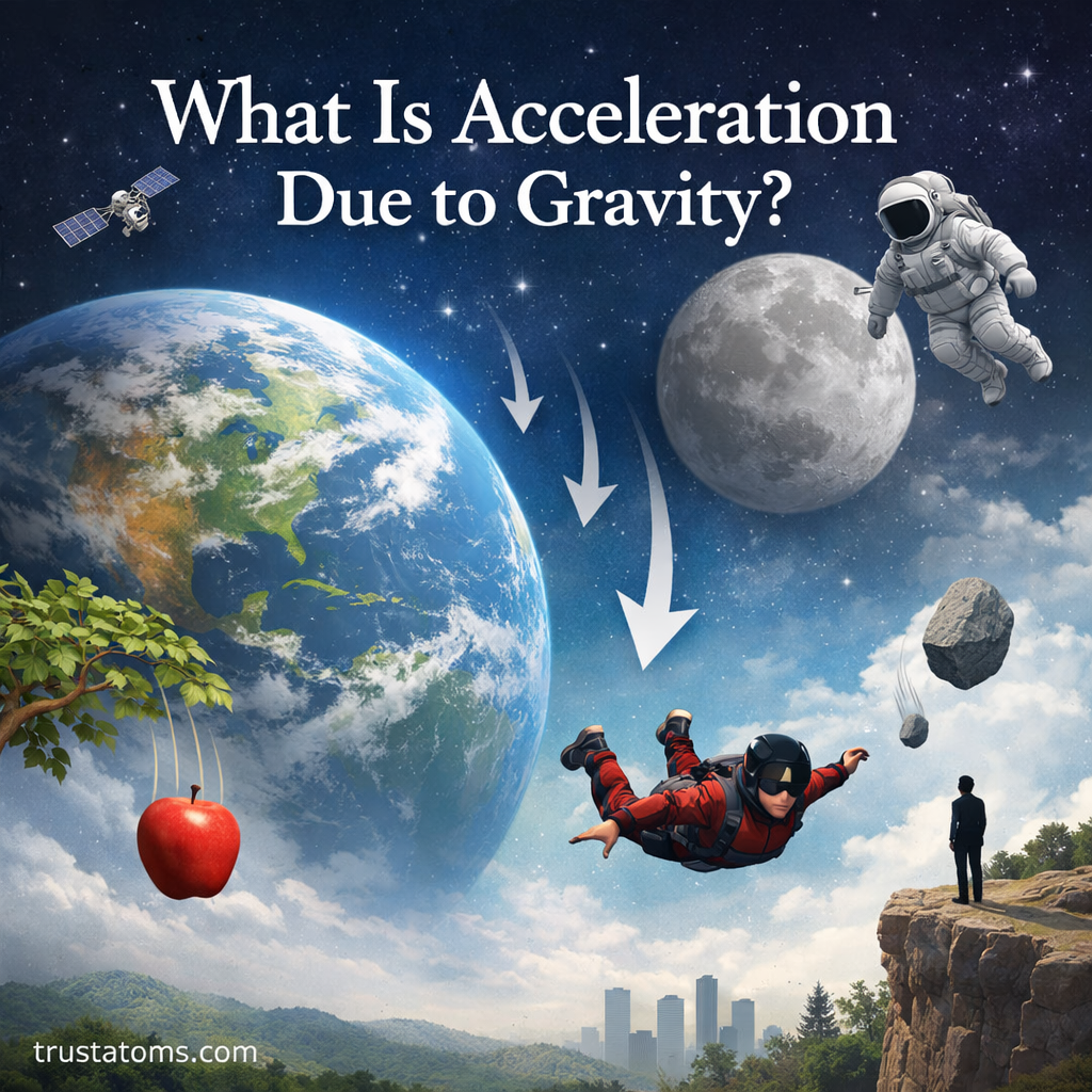 Educational illustration showing objects falling toward Earth to explain acceleration due to gravity.