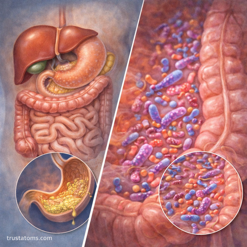 Split illustration showing accessory digestive organs on one side and beneficial bacteria in the large intestine on the other.