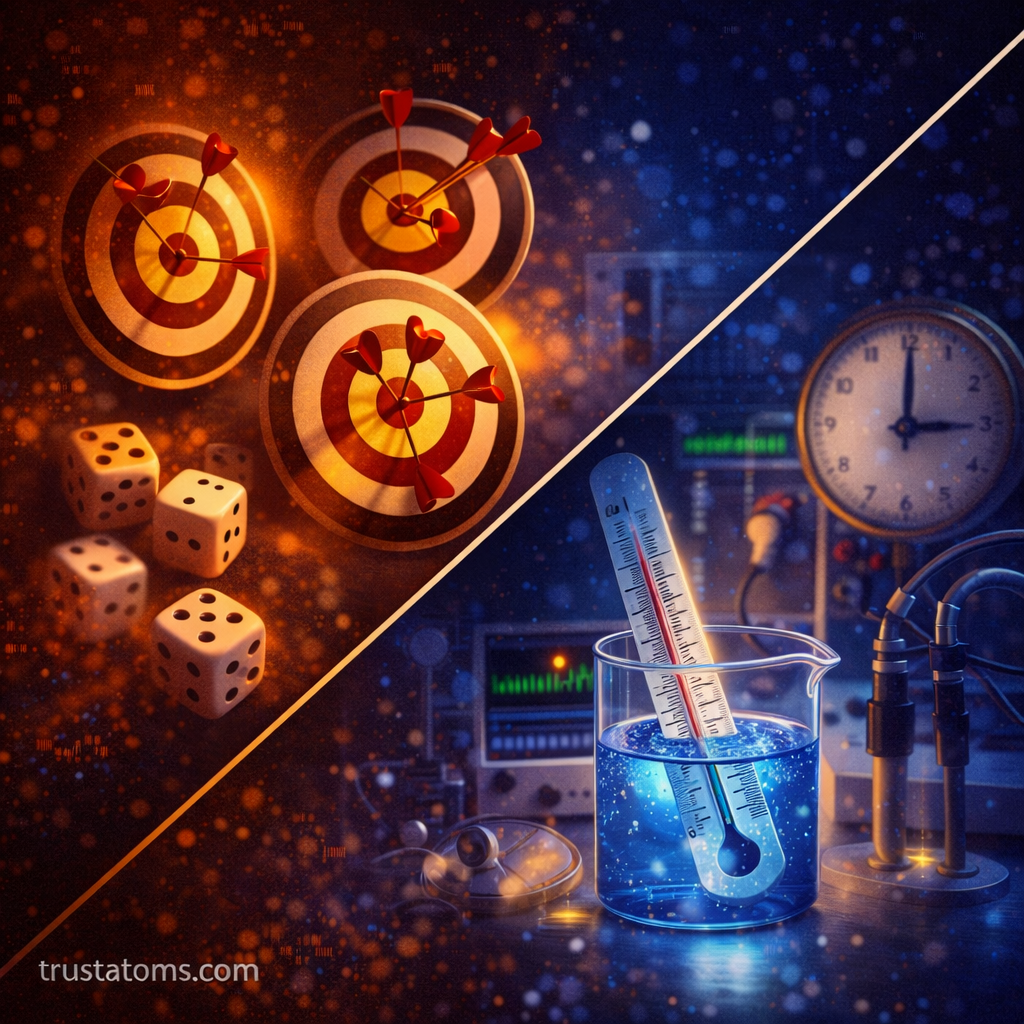 Diagonal split illustration showing dartboard targets representing precision and laboratory thermometer with instruments representing measurement uncertainty.