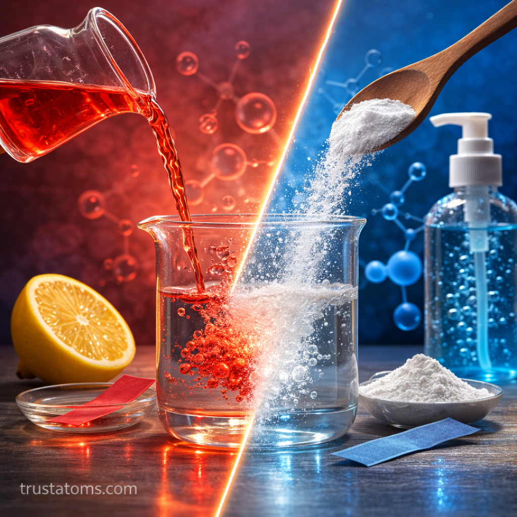 Diagonal split illustration showing an acid reacting with a base in a beaker, with laboratory glassware on one side and household cleaning bases on the other.