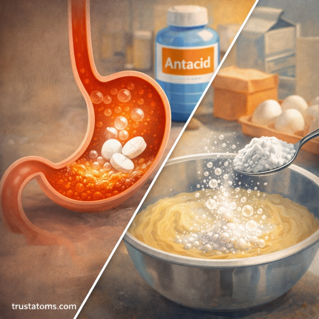 Illustration showing everyday acid–base reactions, including antacid tablets neutralizing stomach acid and baking soda reacting in cake batter.