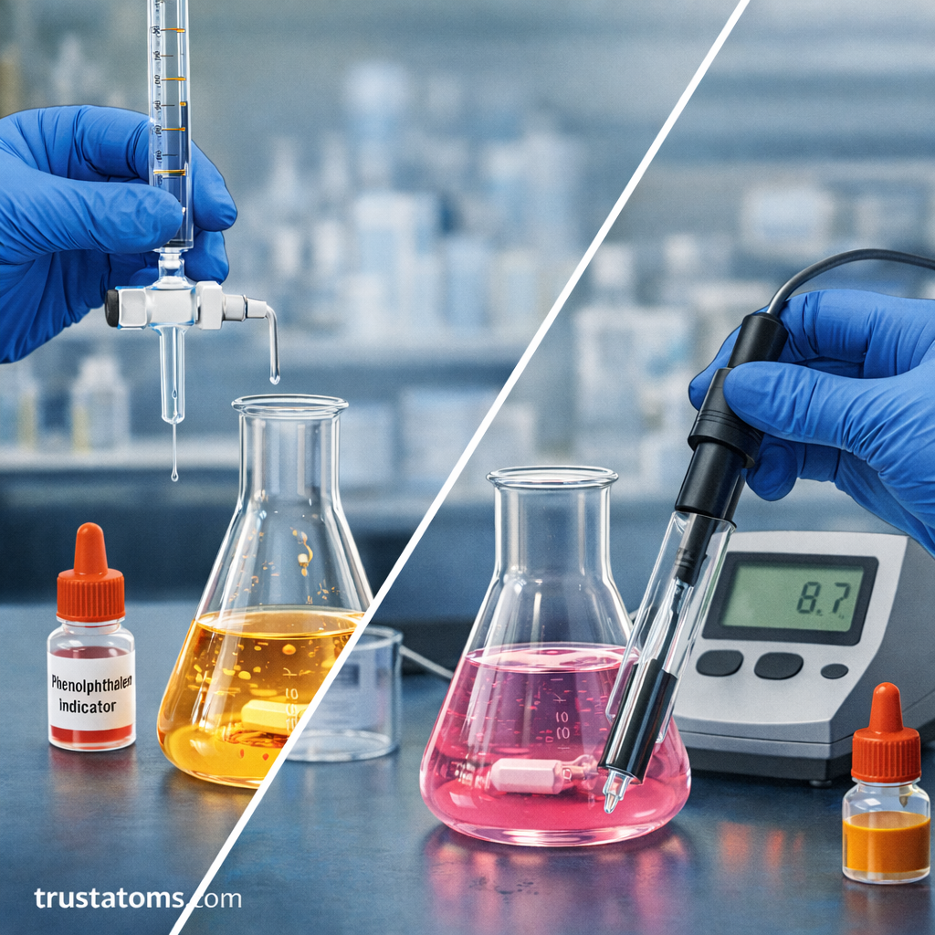 Split illustration showing two acid–base titration methods, one using a color indicator and the other using a digital pH meter.