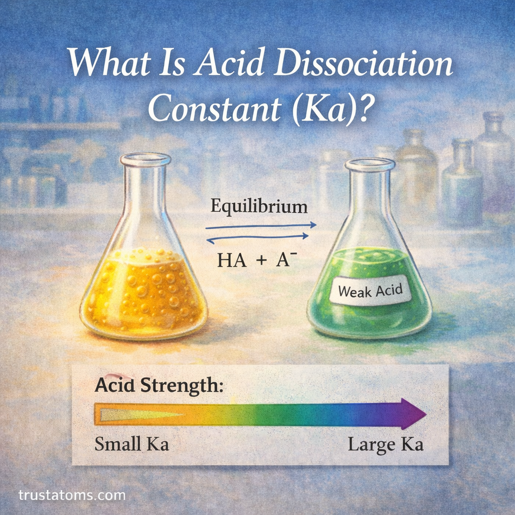 Educational chemistry illustration showing two laboratory flasks representing acid dissociation and equilibrium to explain the acid dissociation constant Ka.