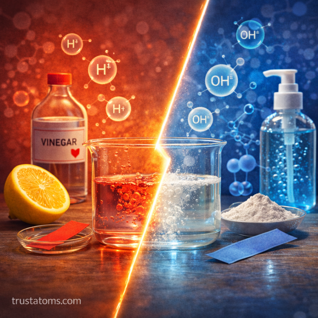 Diagonal split illustration showing vinegar and lemon as acids on one side and soap and baking soda as bases on the other in a chemistry comparison.