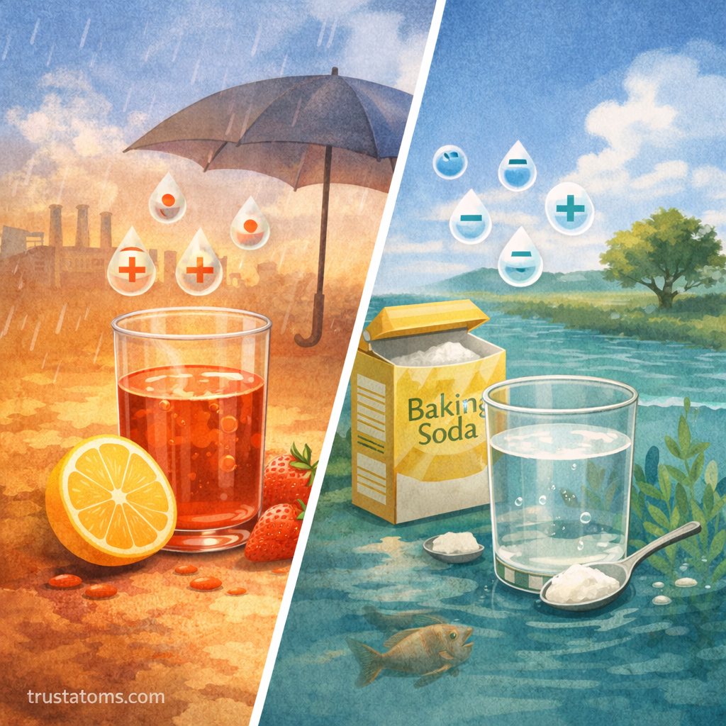 Split illustration comparing an acidic solution and a basic solution with everyday examples to explain pH differences.