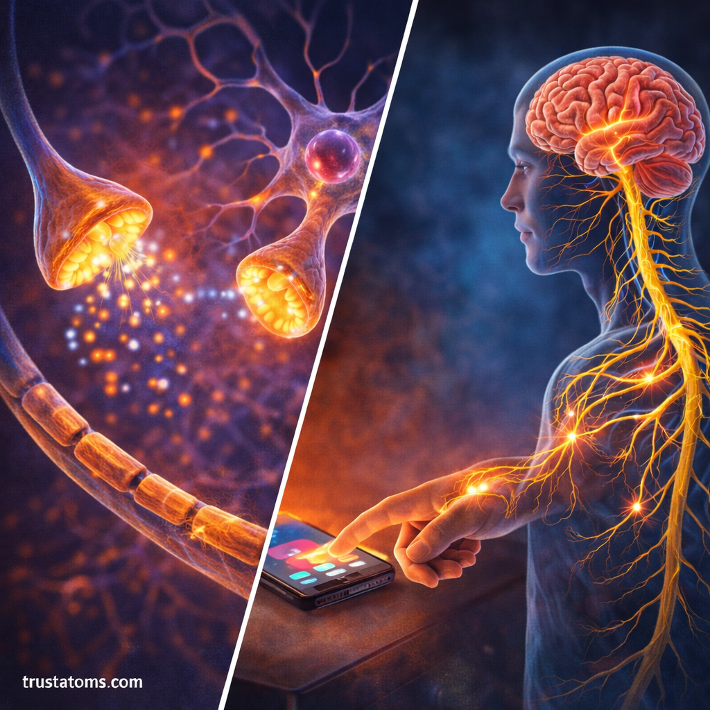 Split illustration showing neuron synaptic communication on one side and a human nervous system responding to touch on the other.