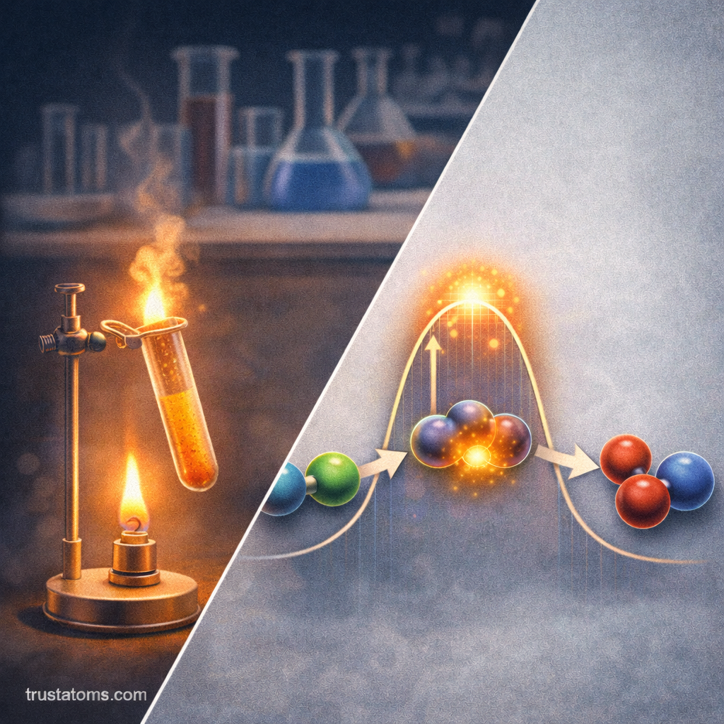 Split illustration showing a heated laboratory reaction on one side and a simplified molecular energy barrier pathway on the other representing activation energy.