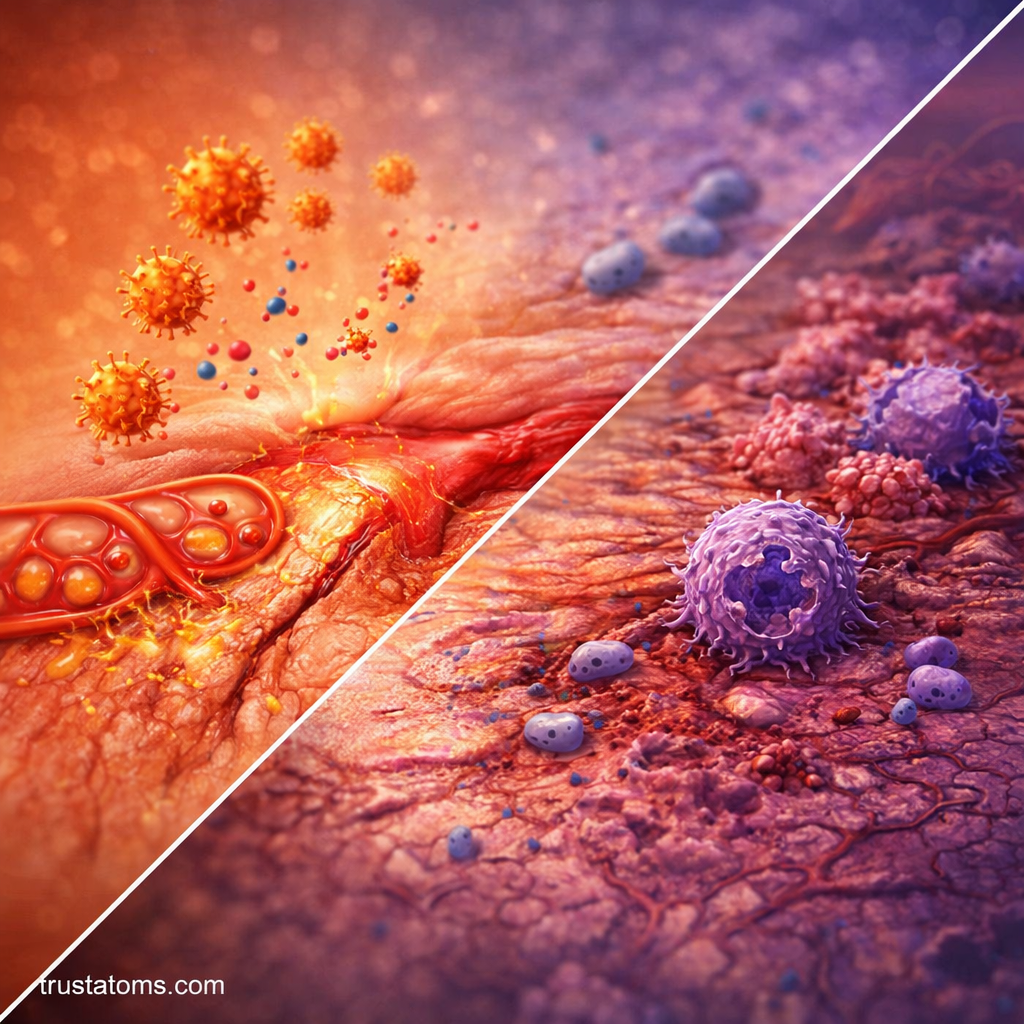 Split illustration comparing acute inflammation with redness and swelling versus chronic inflammation with tissue damage and immune cells.