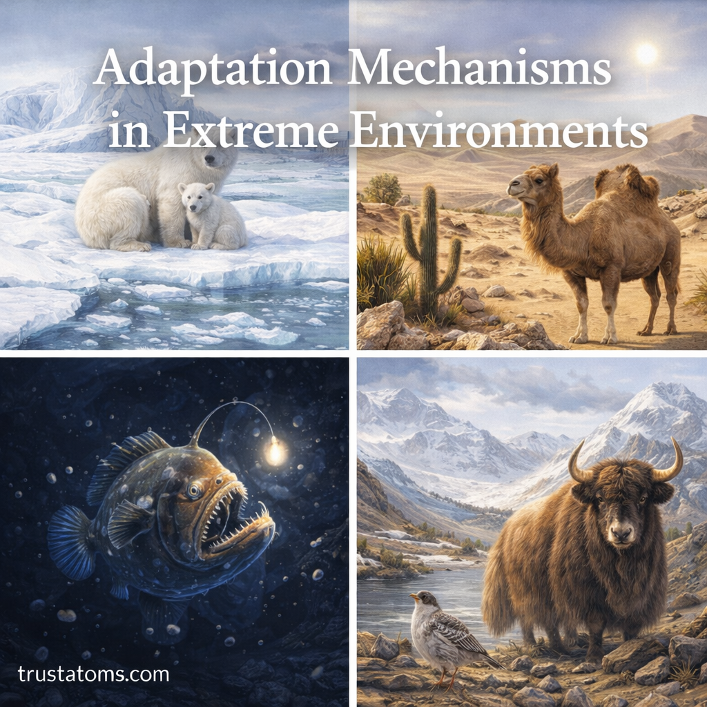 Illustration showing organisms adapted to extreme environments including polar bears in the Arctic, camels in deserts, deep-sea anglerfish, and high-altitude mammals.
