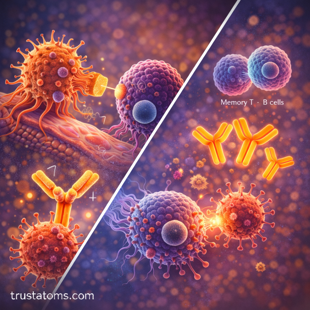 Split educational illustration showing immune cells recognizing pathogens on one side and antibodies with memory immune cells targeting viruses on the other.