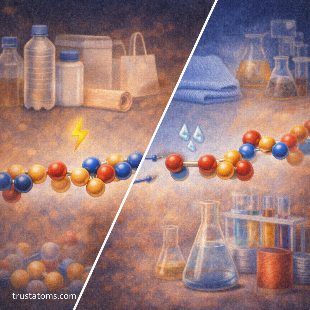 Split illustration comparing addition polymerization and condensation polymerization with polymer chains forming and everyday materials like plastics and fabrics.