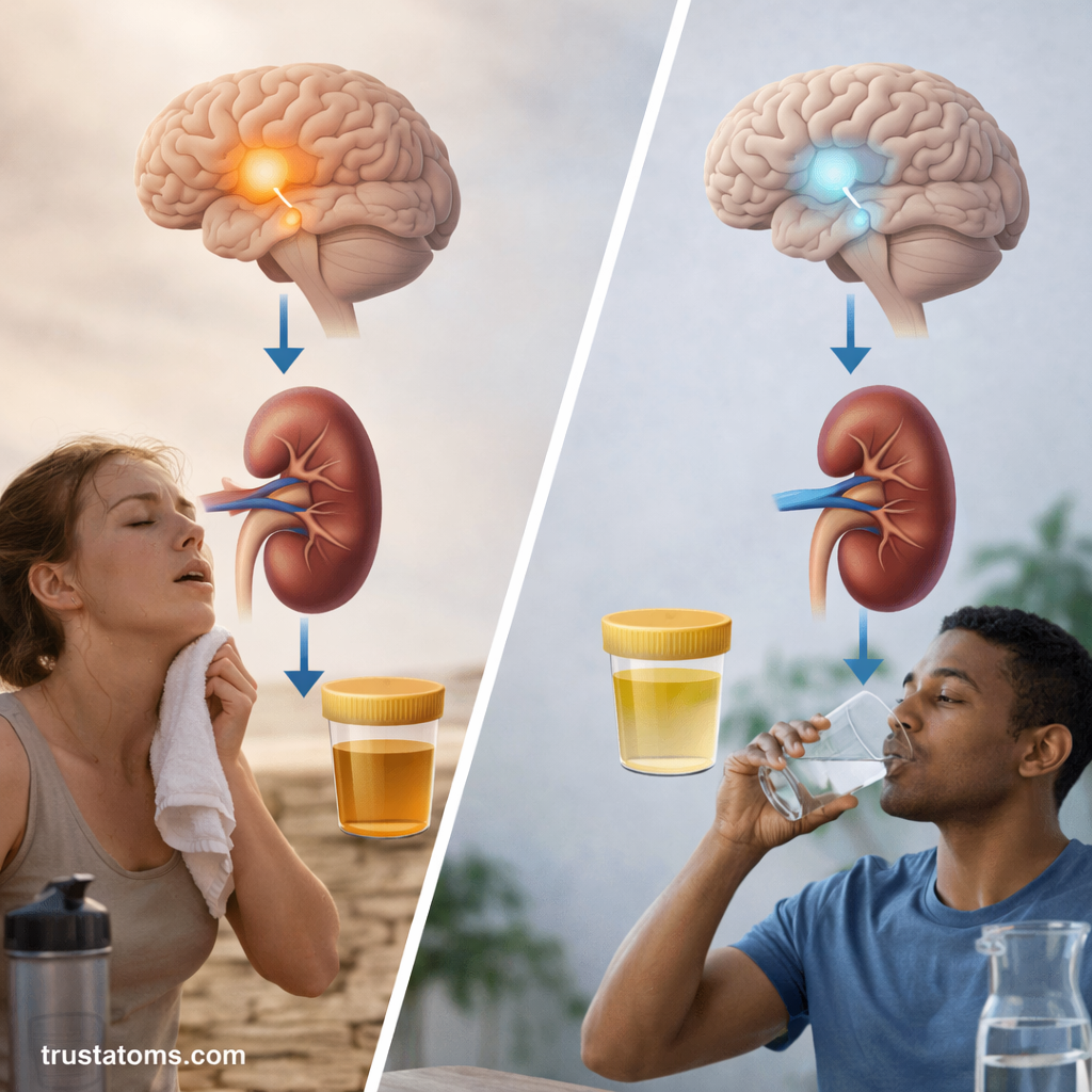 Split illustration showing dehydration versus hydration effects on ADH regulation with brain, kidneys, and urine concentration differences.