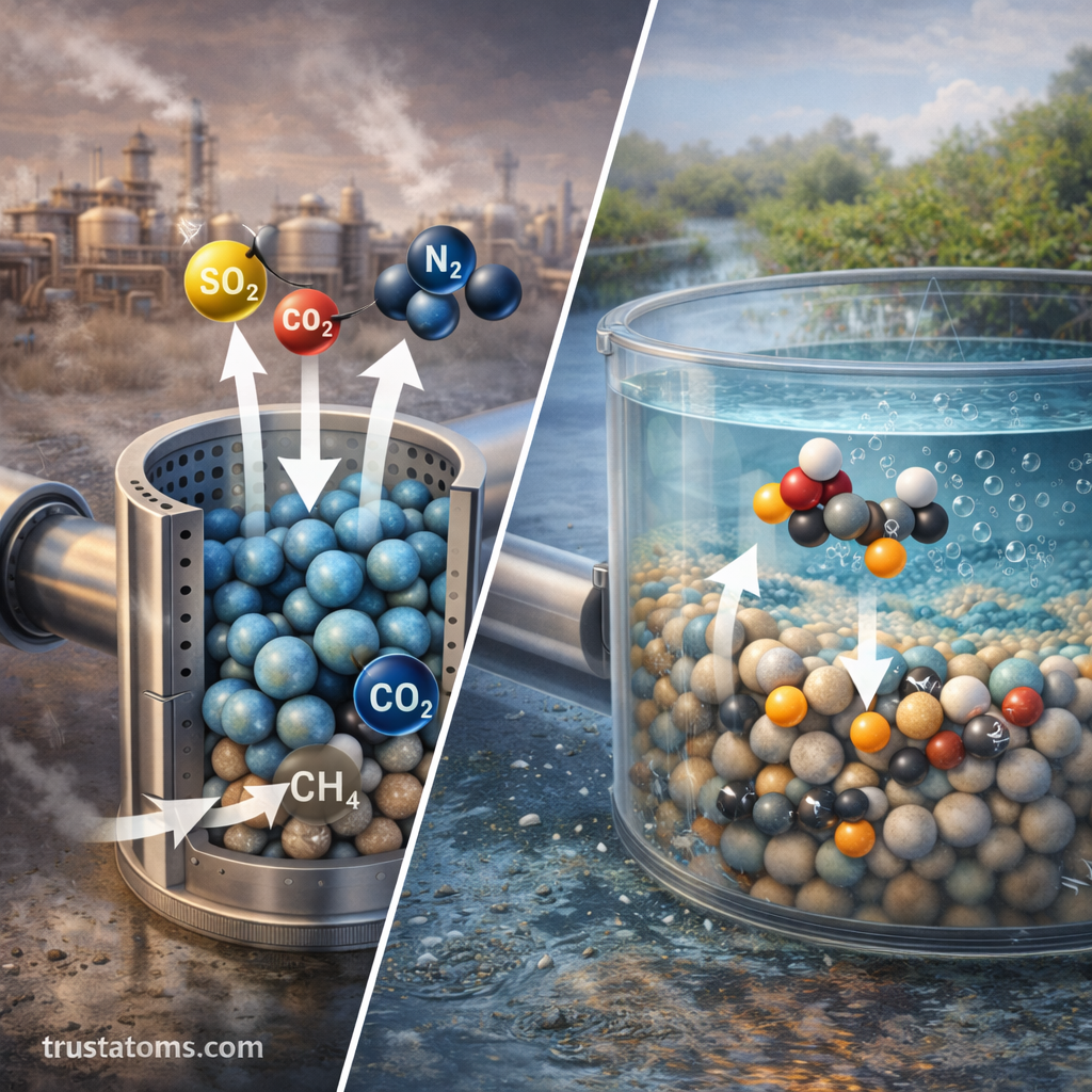 Split illustration showing adsorption used in gas purification systems and water treatment filtration using porous adsorbent materials.
