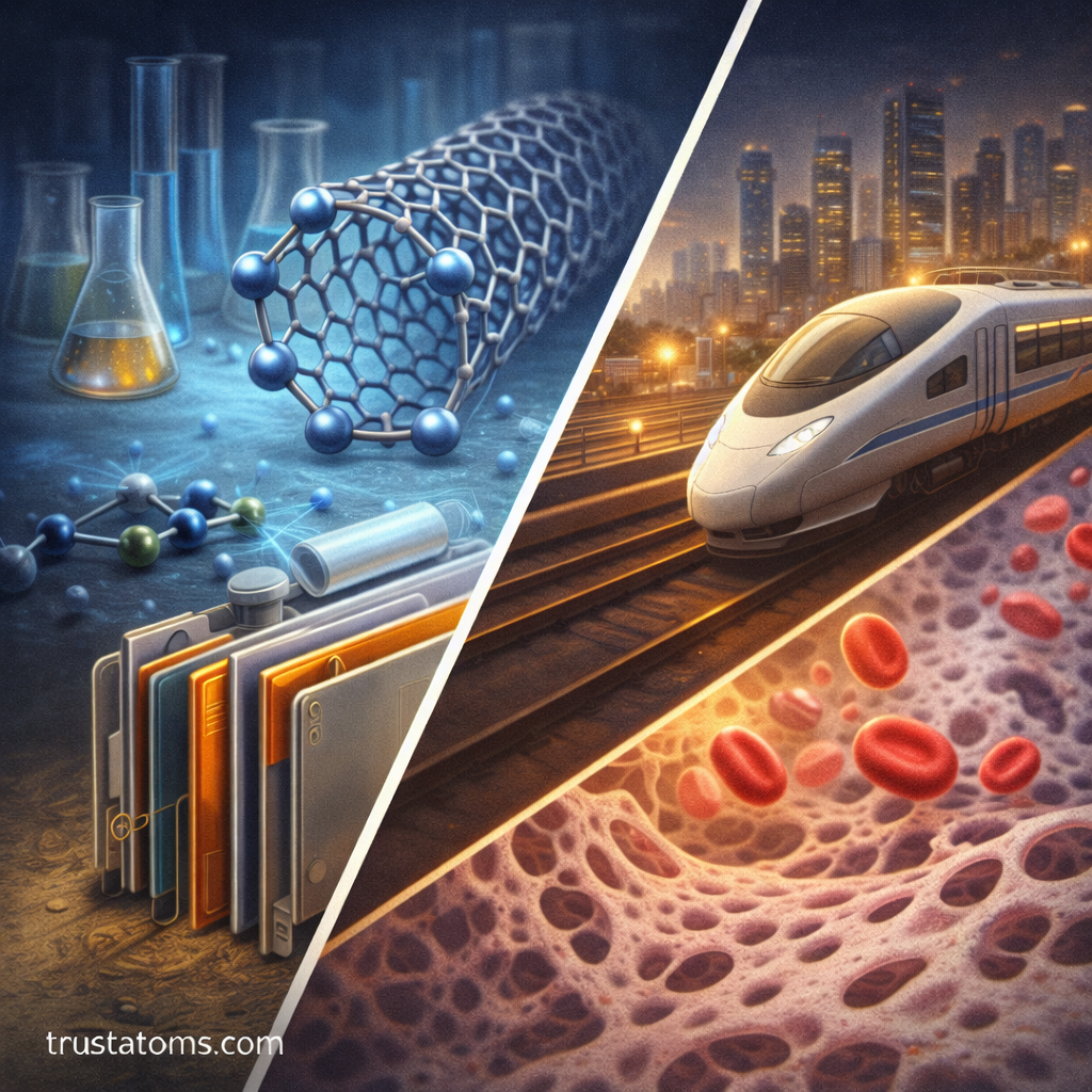 Split illustration showing nanomaterials and battery materials in a laboratory contrasted with real-world applications like high-speed transportation and biomedical materials.