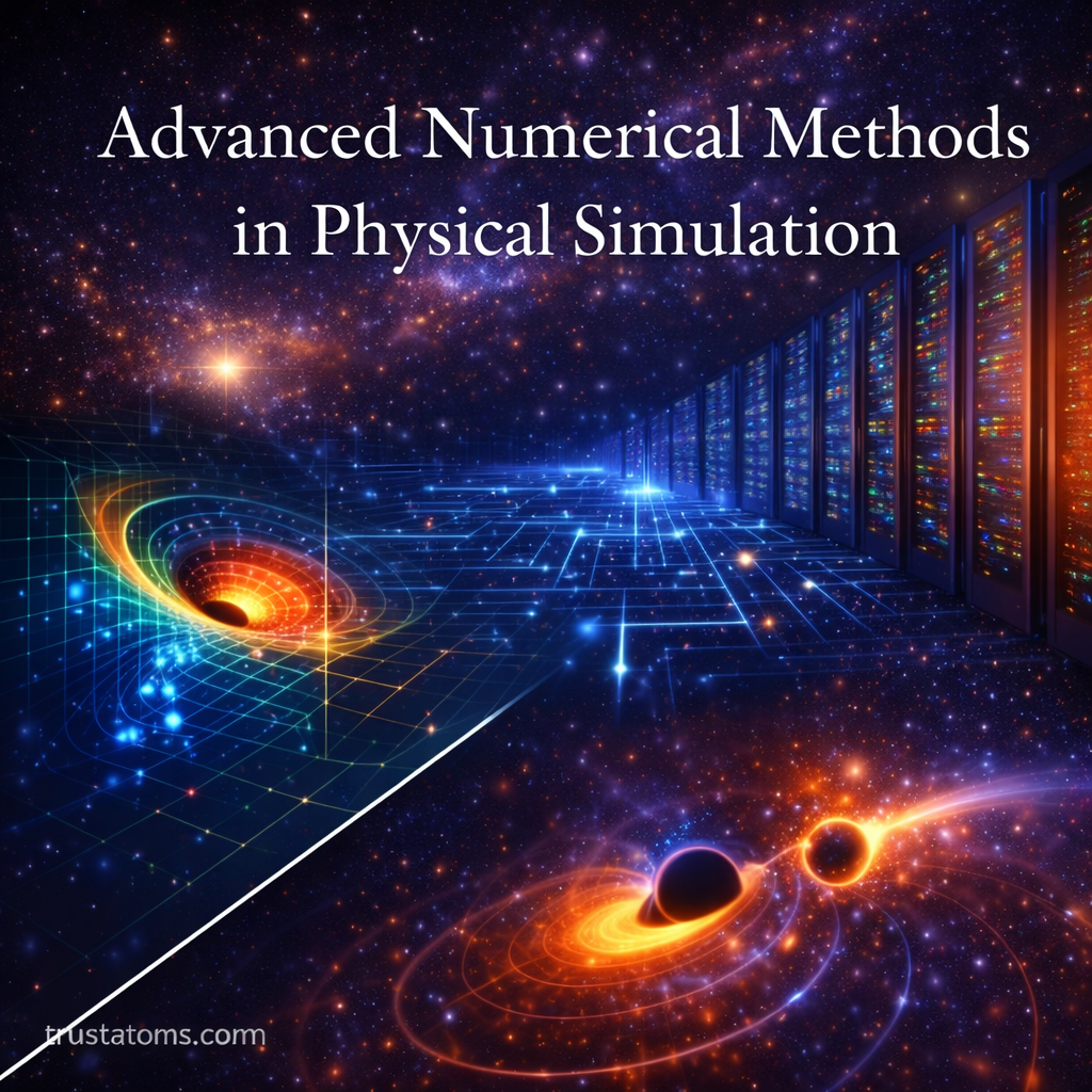 Illustration of supercomputers and simulated spacetime grids representing advanced numerical methods used in physical simulation, with trustatoms.com watermark.