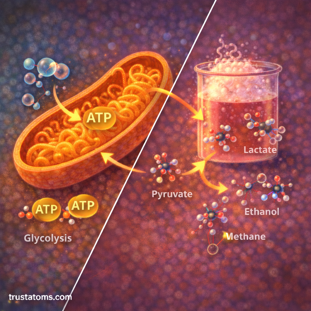 Split biology illustration comparing aerobic cellular respiration in mitochondria producing ATP with anaerobic fermentation producing lactate and ethanol.