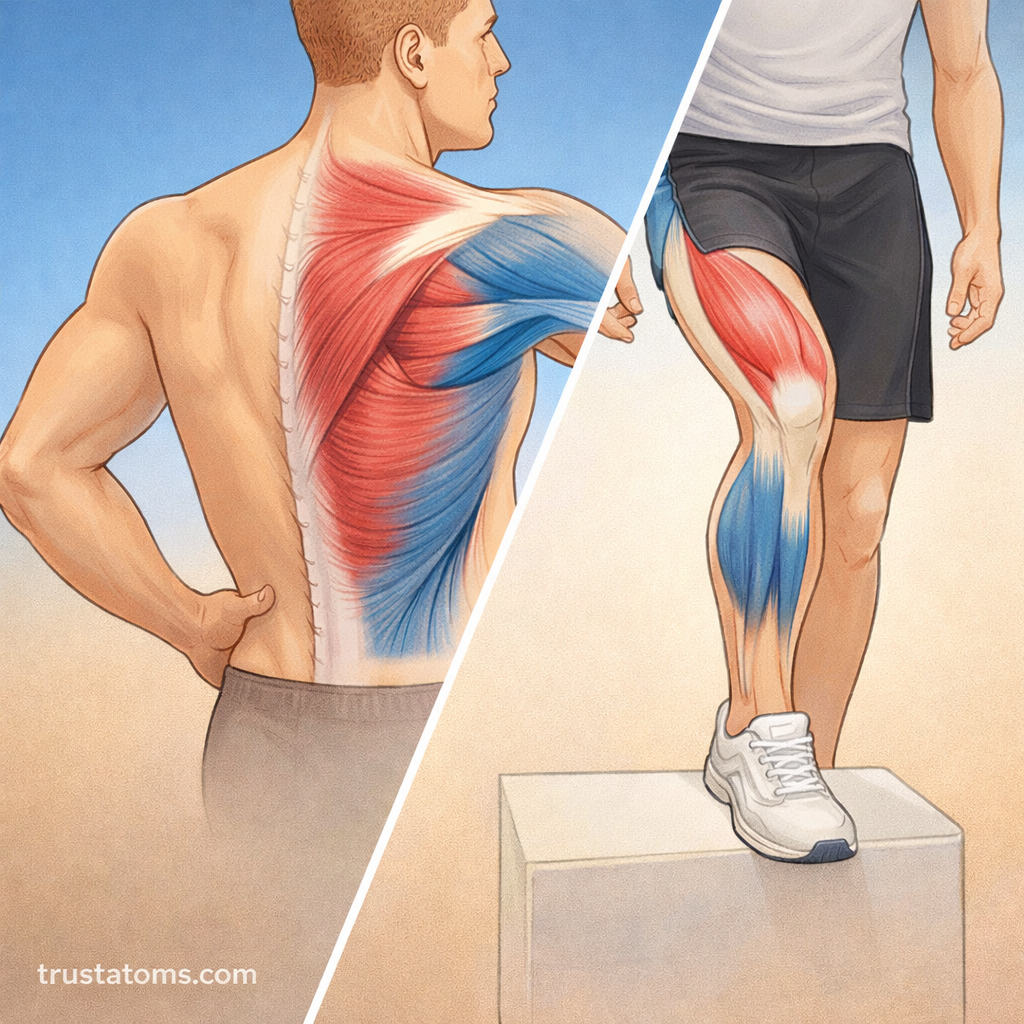 Split illustration showing antagonist and agonist muscle pairs in the upper body (chest and back) and lower body (hip and thigh) during movement.